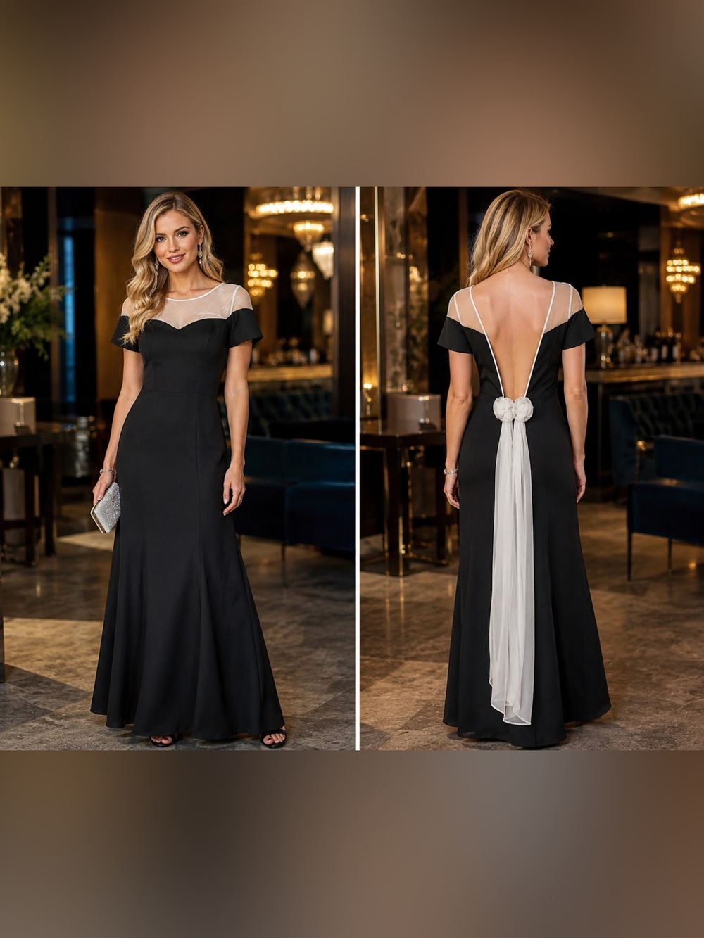 Nicour Maids Classic Black Evening Gown with Sheer White Yoke